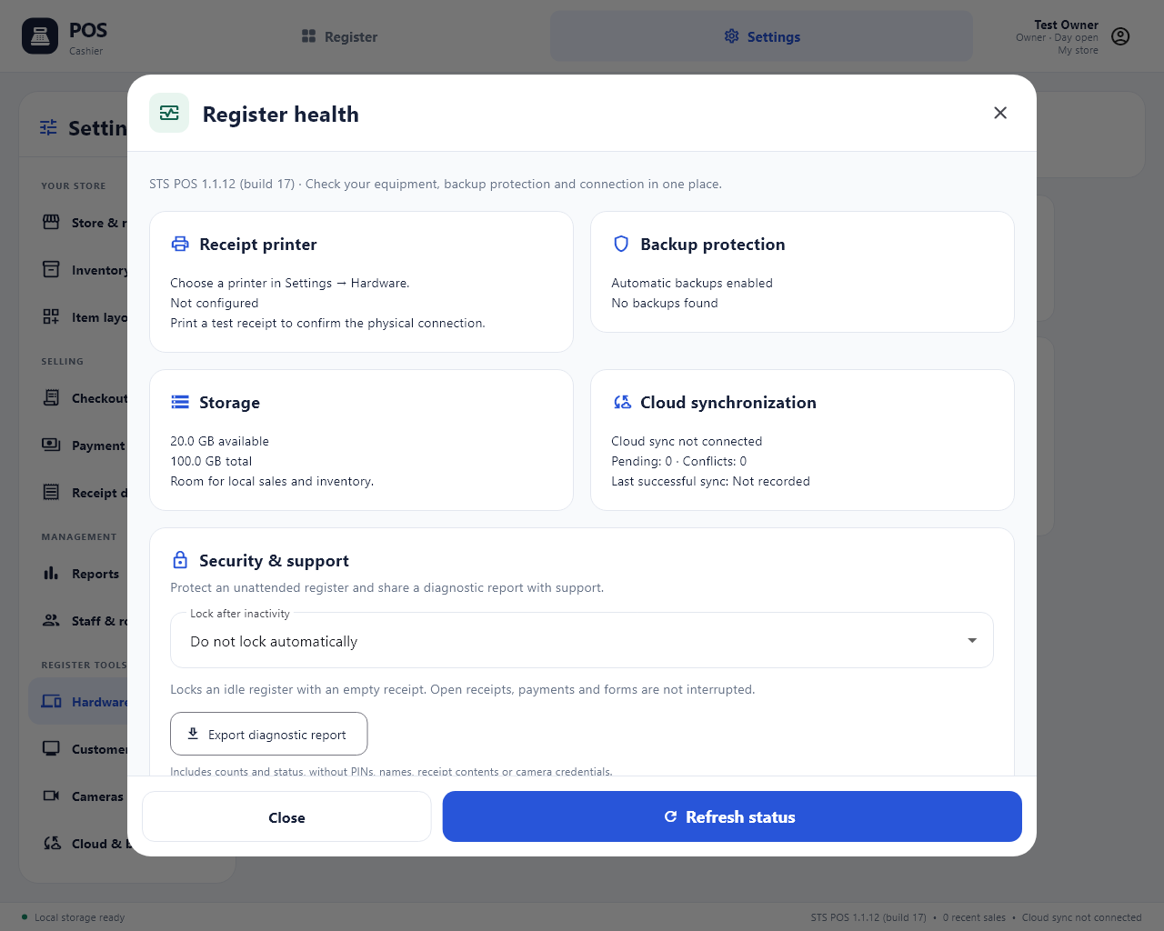 Register health cards for printer, backups, storage and cloud synchronization