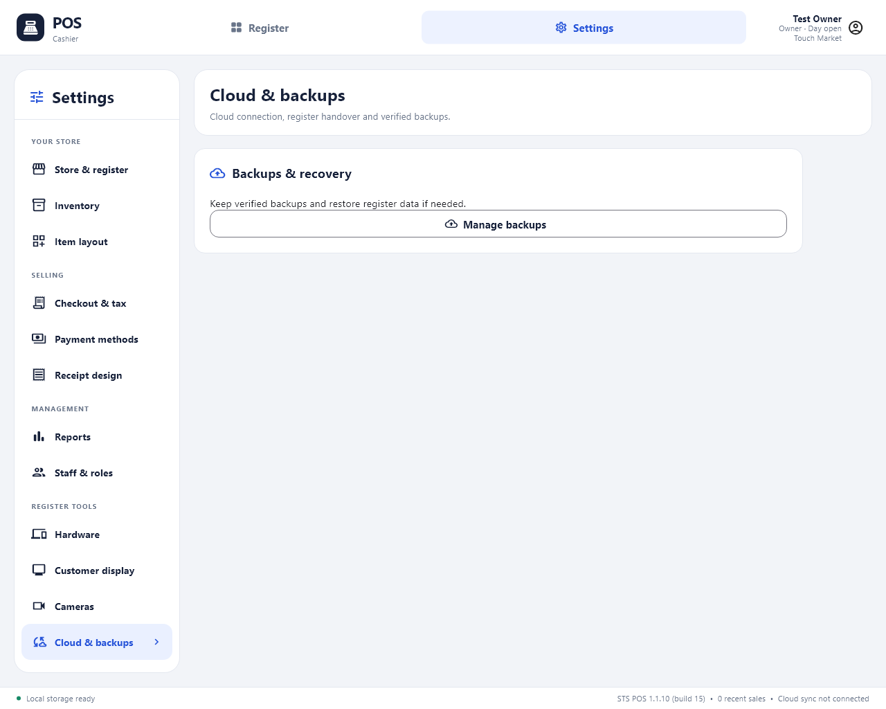 STS POS Settings navigation with Store and register selected