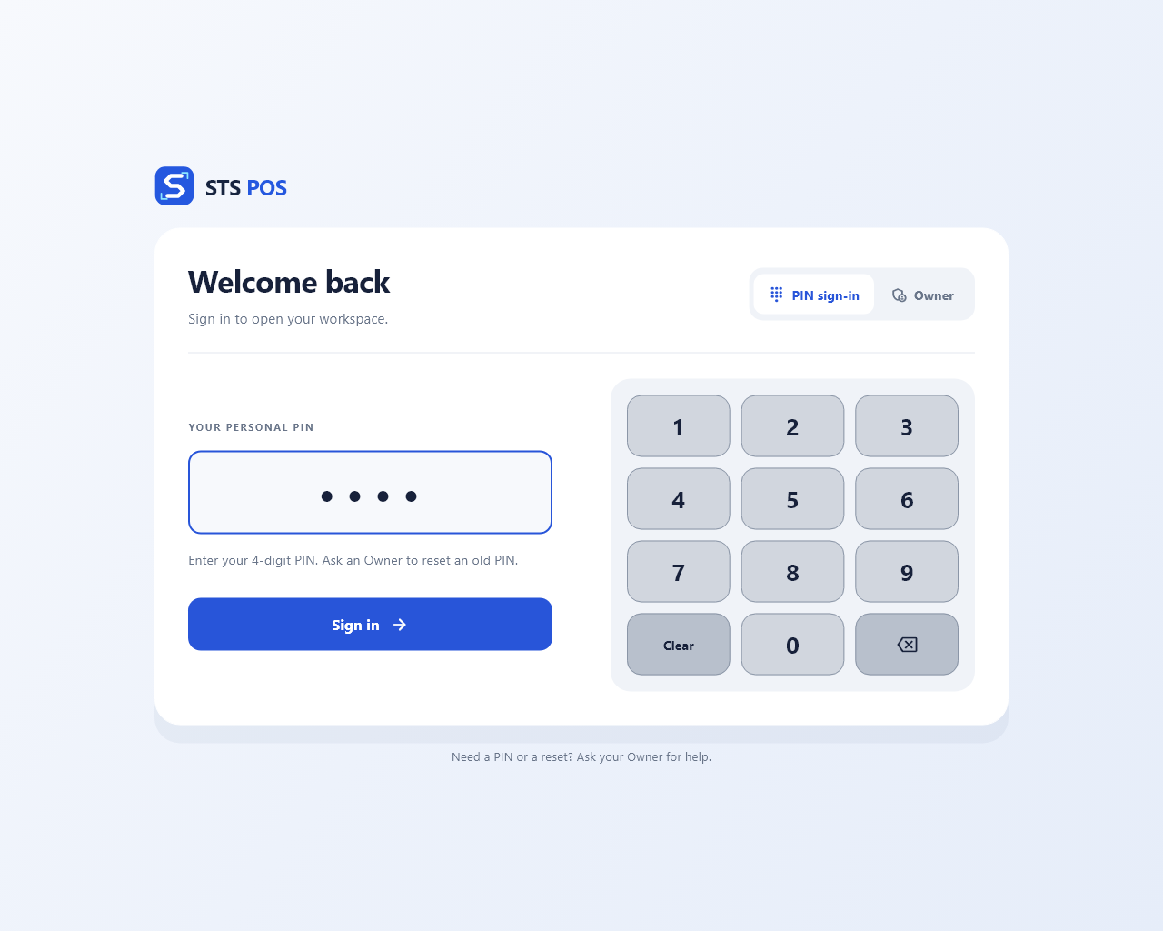 STS POS employee PIN sign-in screen