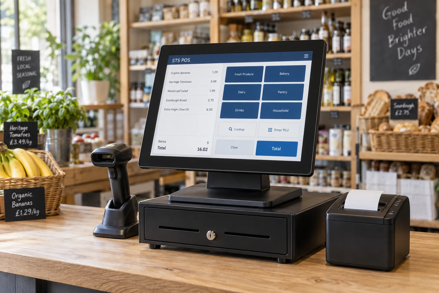 Photorealistic AI-generated grocery checkout with an STS POS touchscreen, barcode scanner, cash drawer and receipt printer