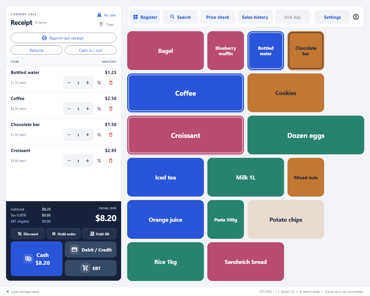 STS POS 1.1.7 cashier screen with a sample receipt on the left, customizable product buttons on the right, and Search in the top bar.